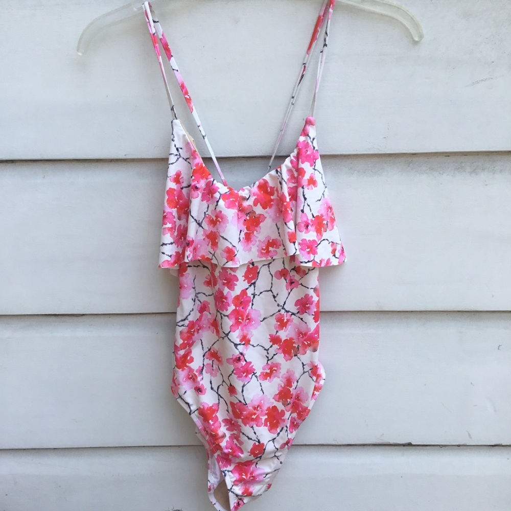TART Swim one piece ruffled floral swimsuit with laced back S NWT pink red